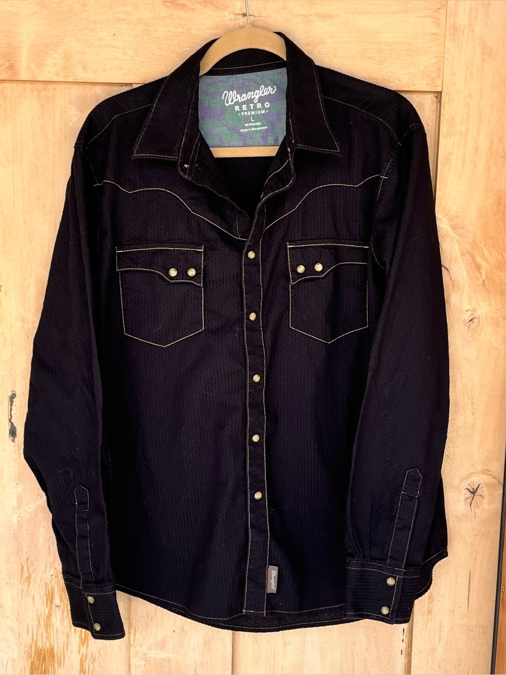 Wrangler Retro Men’s Shirt Black Dobby Western Pearl Snap Long Sleeve Slim Fit L